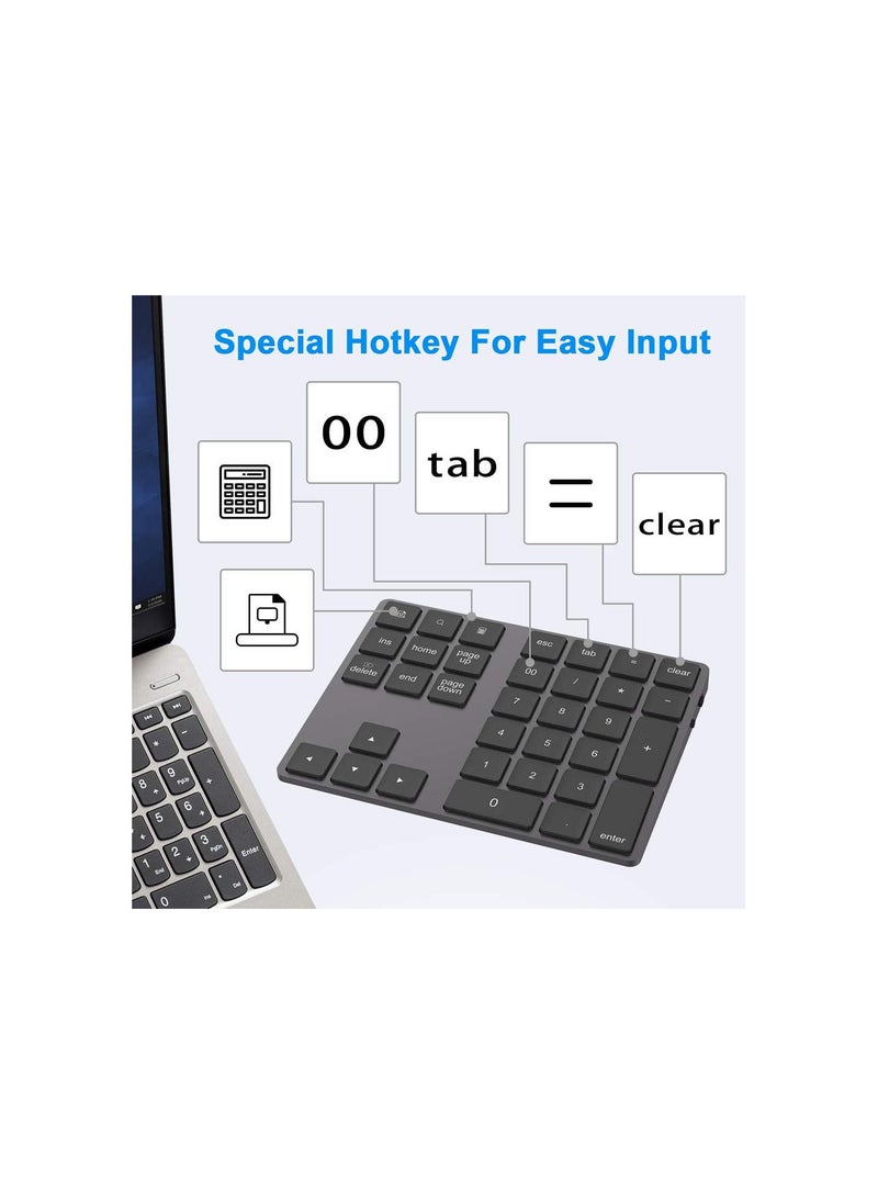 Wireless Number Pads w/USB HUB Digital Input Function, 34 Keys Portable 2.4 GHz Financial Accounting Number Keyboard Extensions, for Laptop, PC, Desktop, Surface, Notebook