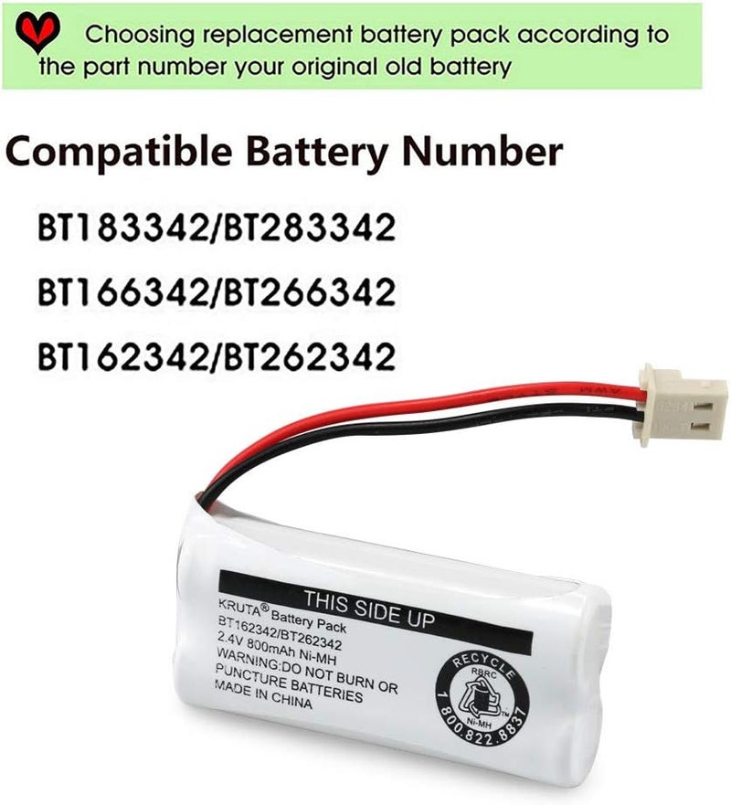 Kruta BT162342 BT262342 2.4v 800mah Cordless Phone Batteries Compatible with BT183342 BT283342 BT166342 BT266342 VTech CS6114 CS6419 CS6719 at&T EL52300 CL80111 Handset Telephone (Pack of 3) - Image 5