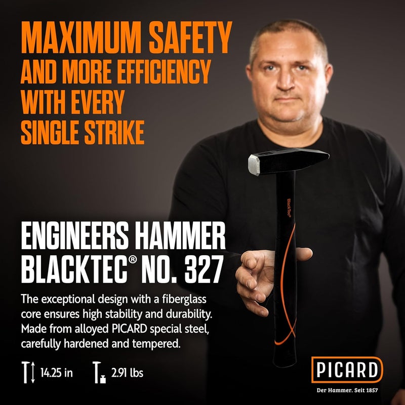 Picard Riveting Hammer BlackTec 1000g - German Pattern, Cross Peen, Alloy Steel Head, Black Powder Coated, Low Vibration, Fiberglass Core Handle, Rubber Grip, 0032700-1000 - Image 2