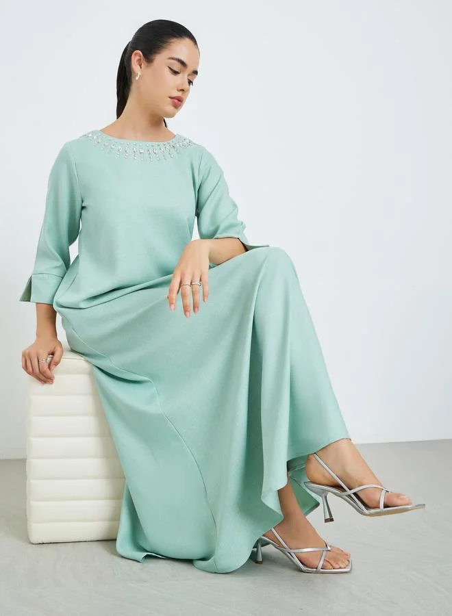 Amirah Green Embellished Neckline A-Line Jalabiya