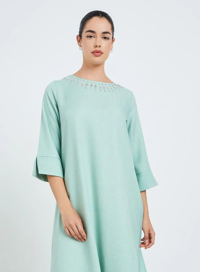 Amirah Green Embellished Neckline A-Line Jalabiya