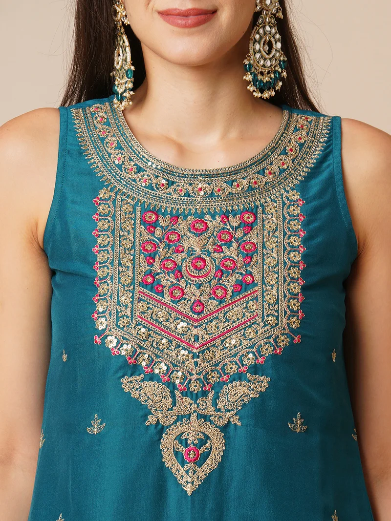 globus Women Ethnic Motifs Yoke Design Sequinned Straight Kurta With Sharara & Dupatta