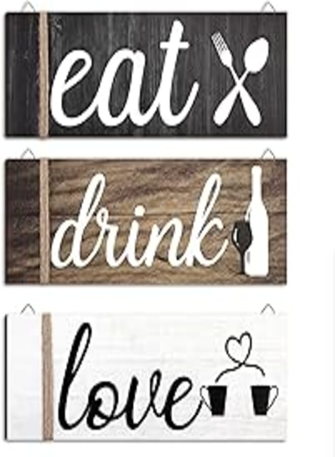 Jetec 3 Pcs Farmhouse Kitchen Wall Decor Eat Sign Rustic Wooden Kitchen Sign Wood Home Sign Eat Drink Love Sign with Hanging Hole for Home Kitchen Dining Living Room Bar Cafe Decor (Classic Color)