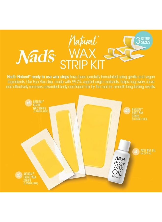 Nad's مجموعة شرائح الشمع الطبيعية لإزالة الشعر بالشمع لجميع أنواع البشرة للنساء، 6 شرائح شمع للوجه + 20 شريحة شمع للجسم + 6 شرائح شمع للبكيني + زيت ما بعد الشمع - Image 2