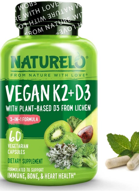 Vegan K2+D3 With Plant-Based D3 From Lichen, 3-IN-1 Formula,To Support Immune,Bone,& Heart Health - 60 Vegetarian Capsules