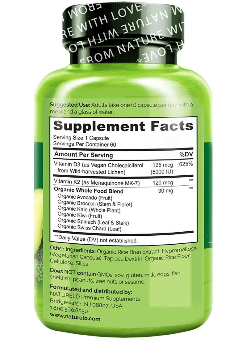 Vegan K2+D3 With Plant-Based D3 From Lichen, 3-IN-1 Formula,To Support Immune,Bone,& Heart Health - 60 Vegetarian Capsules