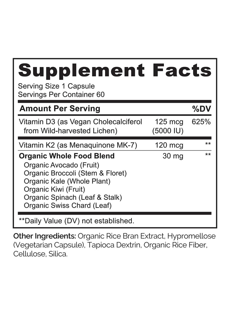 Vegan K2+D3 With Plant-Based D3 From Lichen, 3-IN-1 Formula,To Support Immune,Bone,& Heart Health - 60 Vegetarian Capsules