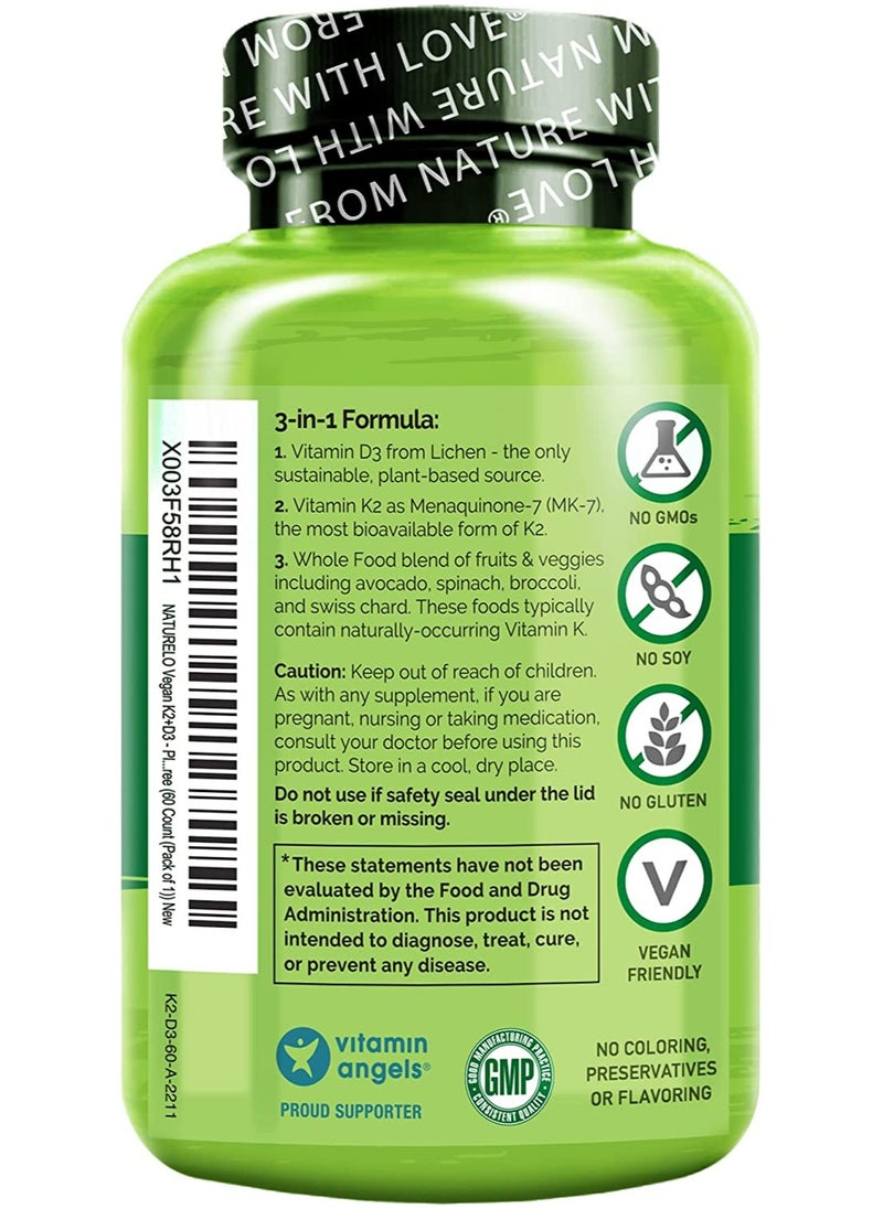 Vegan K2+D3 With Plant-Based D3 From Lichen, 3-IN-1 Formula,To Support Immune,Bone,& Heart Health - 60 Vegetarian Capsules