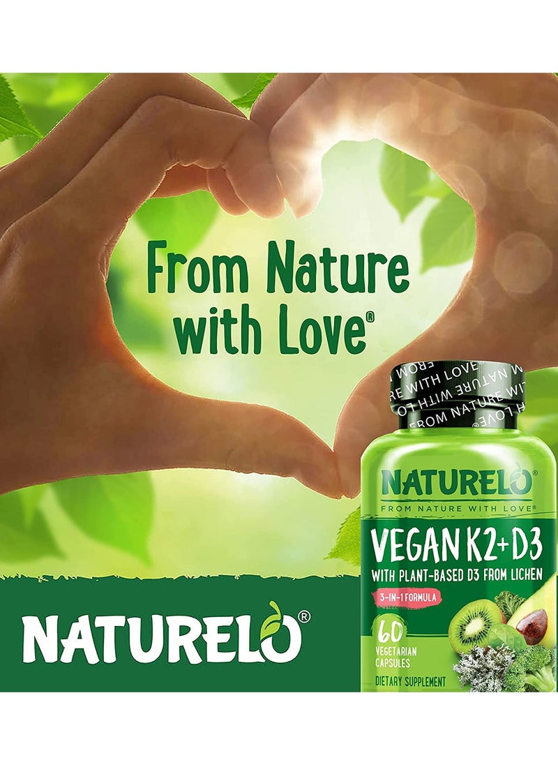 Vegan K2+D3 With Plant-Based D3 From Lichen, 3-IN-1 Formula,To Support Immune,Bone,& Heart Health - 60 Vegetarian Capsules