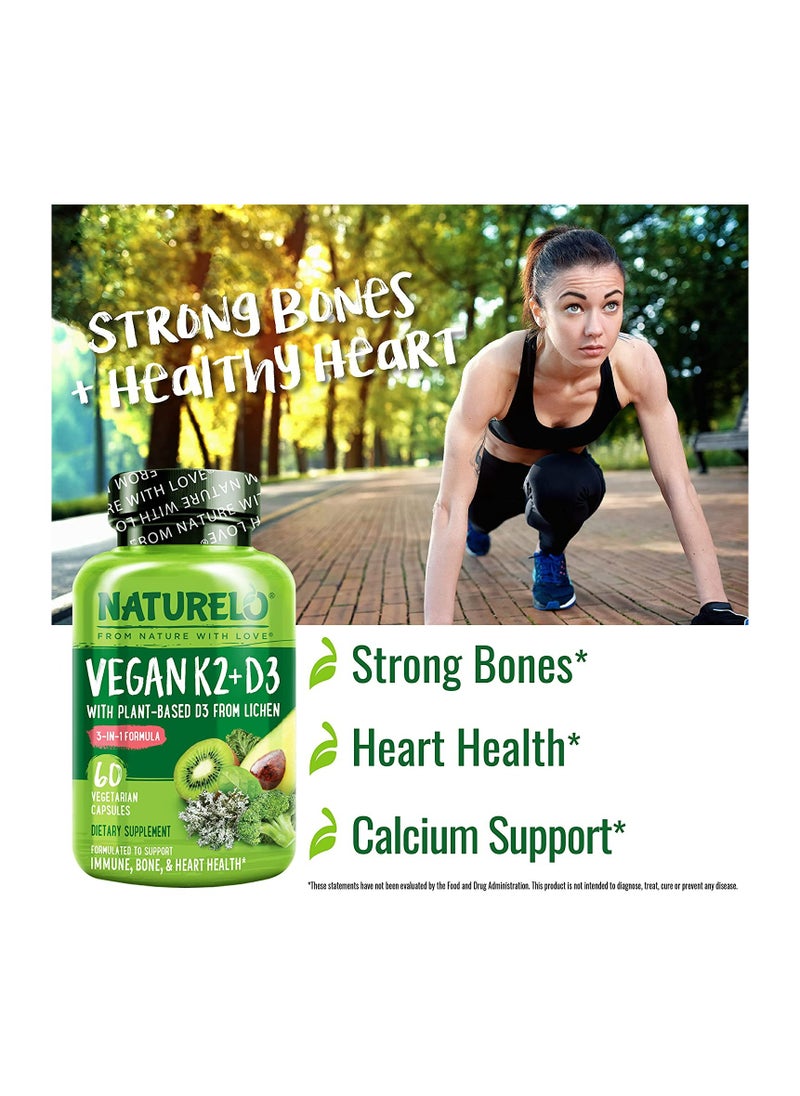 Vegan K2+D3 With Plant-Based D3 From Lichen, 3-IN-1 Formula,To Support Immune,Bone,& Heart Health - 60 Vegetarian Capsules