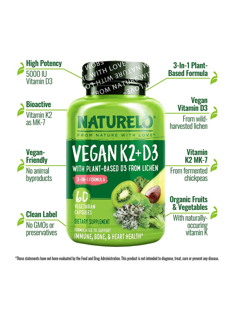 Vegan K2+D3 With Plant-Based D3 From Lichen, 3-IN-1 Formula,To Support Immune,Bone,& Heart Health - 60 Vegetarian Capsules