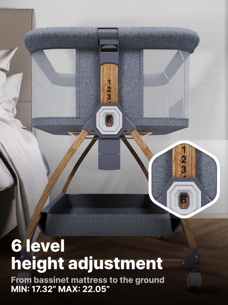 Earth&ME Baby Bassinet Bedside Sleeper with Rocking - All Mesh Portable Bedside Crib for Safe Co-Sleeping, Storage Basket and Wheels, Adjustable Height, Includes Travel Bag, Mosquito Net (Grey) - Image 4
