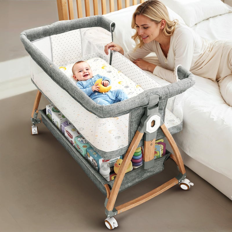 Earth&ME Baby Bassinet Bedside Sleeper with Rocking - All Mesh Portable Bedside Crib for Safe Co-Sleeping, Storage Basket and Wheels, Adjustable Height, Includes Travel Bag, Mosquito Net (Grey) - Image 1