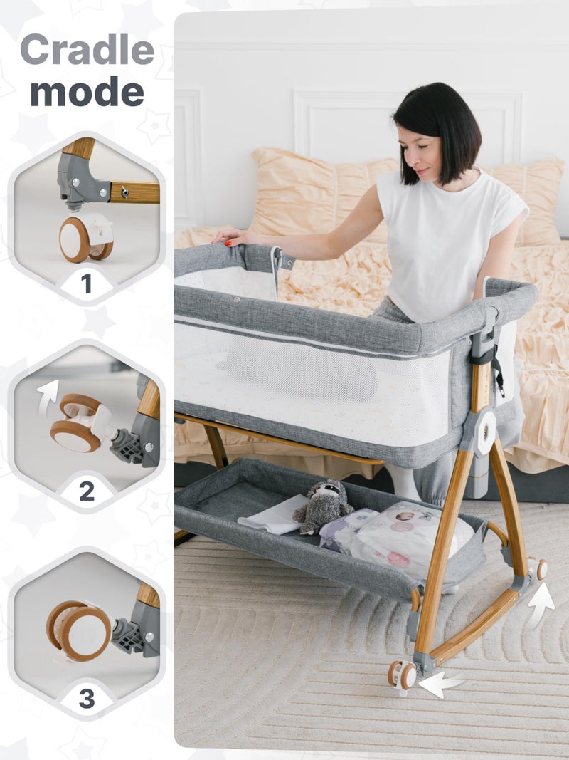 Earth&ME Baby Bassinet Bedside Sleeper with Rocking - All Mesh Portable Bedside Crib for Safe Co-Sleeping, Storage Basket and Wheels, Adjustable Height, Includes Travel Bag, Mosquito Net (Grey) - Image 5
