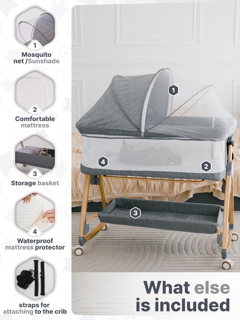 Earth&ME Baby Bassinet Bedside Sleeper with Rocking - All Mesh Portable Bedside Crib for Safe Co-Sleeping, Storage Basket and Wheels, Adjustable Height, Includes Travel Bag, Mosquito Net (Grey) - Image 3