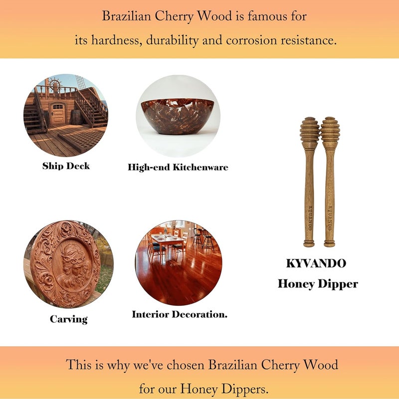 KYVANDO Brazilian Cherry Wood Honey Dipper - Durable & Warp-Resistant, Preserves Honey Purity, 2pcs, 6.3 Inch - Image 2