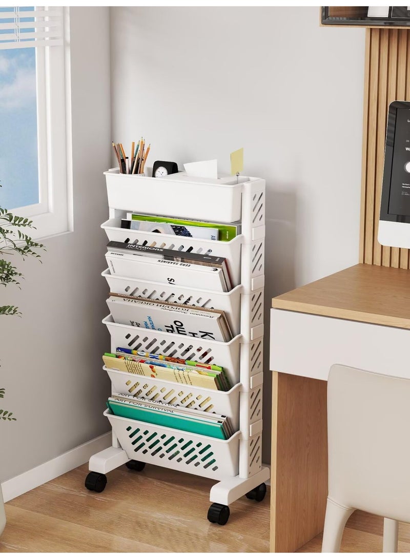 Bukela 6 Tier Rolling Book Cart Movable Shelves Rack Storage Bookshelf Carts with Wheels Utility Cart Study Office Classroom Library Organizer（White） - Image 3