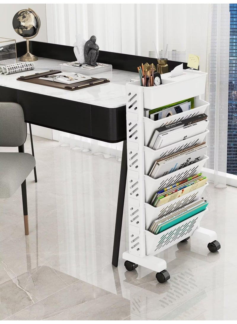 Bukela 6 Tier Rolling Book Cart Movable Shelves Rack Storage Bookshelf Carts with Wheels Utility Cart Study Office Classroom Library Organizer（White） - Image 5