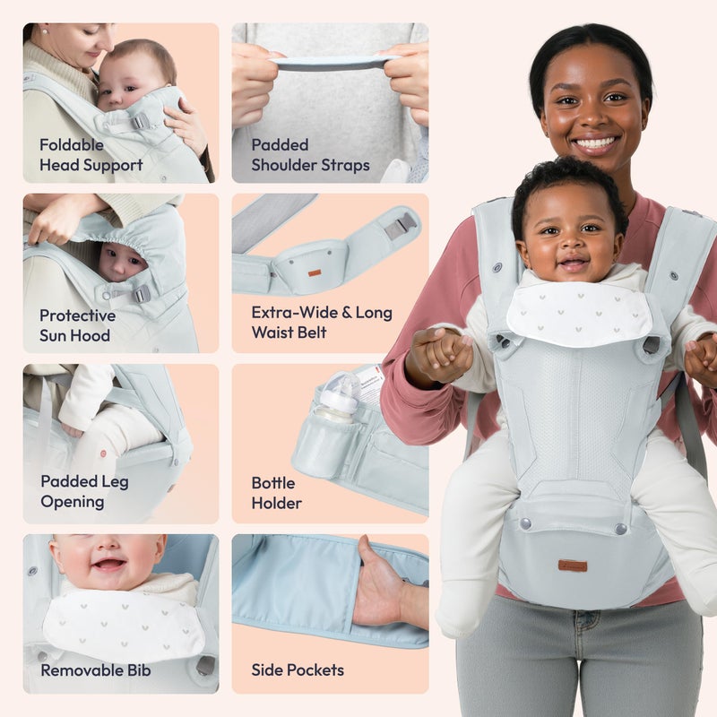 BabbleRoo Grow Carrier â€“ Safety-Certified 6-in-1 Toddler & Baby Carrier with Hip Seat, Ergonomic & Adjustable Toddler Carrier 7-50 lbs with Hip Support, Hood for Sun Protection, Newborn to Toddler - Image 5