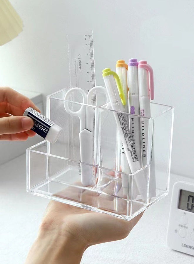 DUNISO منظم مكتب أكريليك مع 3 أقسام ، صندوق تخزين مكتبي متعدد الوظائف مع حامل أقلام ، صينية تنظيم أقلام بلاستيكية شفافة للمكتب للأقلام ، الأقلام الرصاص ، الأقلام الملونة ، المساطر ، المقصات - Image 4