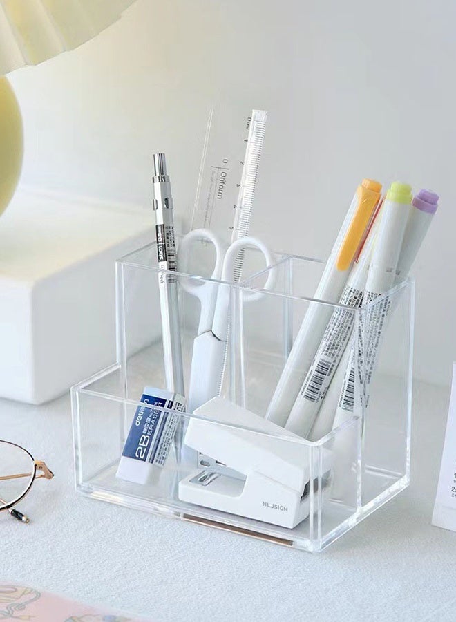 DUNISO منظم مكتب أكريليك مع 3 أقسام ، صندوق تخزين مكتبي متعدد الوظائف مع حامل أقلام ، صينية تنظيم أقلام بلاستيكية شفافة للمكتب للأقلام ، الأقلام الرصاص ، الأقلام الملونة ، المساطر ، المقصات - Image 5