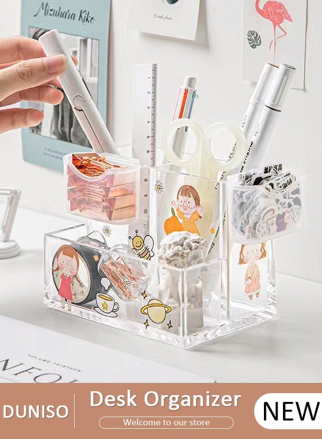 DUNISO منظم مكتب أكريليك مع 3 أقسام ، صندوق تخزين مكتبي متعدد الوظائف مع حامل أقلام ، صينية تنظيم أقلام بلاستيكية شفافة للمكتب للأقلام ، الأقلام الرصاص ، الأقلام الملونة ، المساطر ، المقصات - Image 1