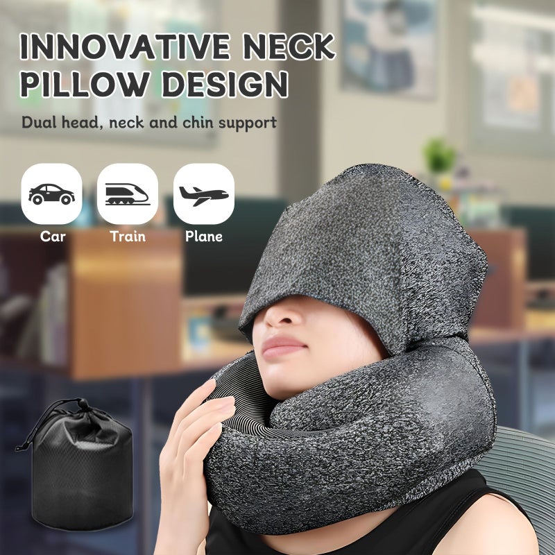 Black Hoodie Travel Pillow for Neck Support on Airplane Car Office - Image 1