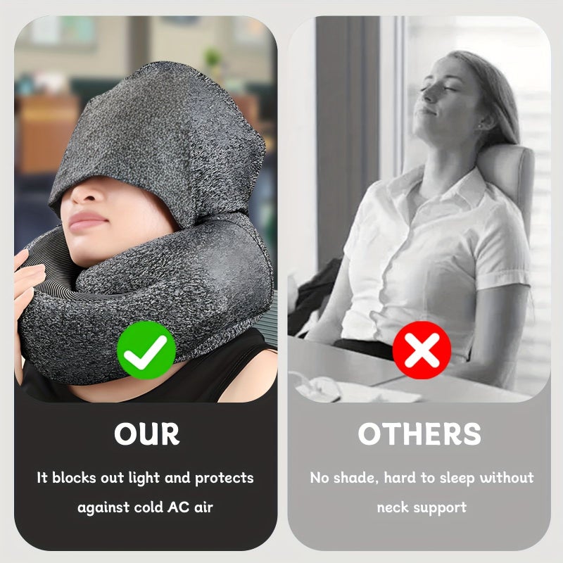 Black Hoodie Travel Pillow for Neck Support on Airplane Car Office - Image 2