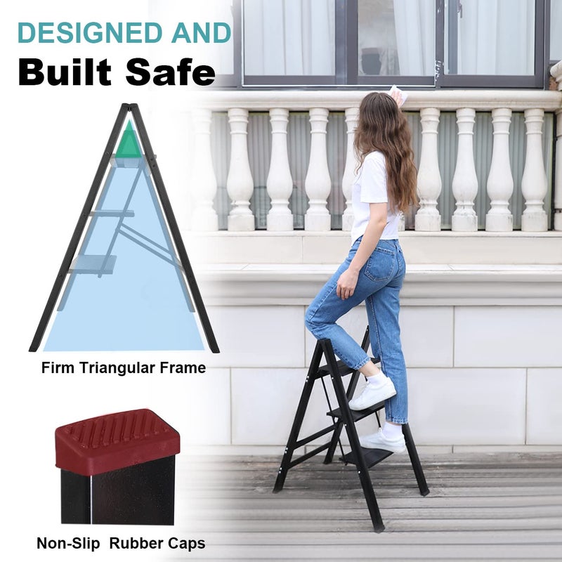 3 Step Folding Step Ladder – Aluminum Portable Stool – Wide Anti-Slip Steps, Lightweight Frame, Space-Saving Storage, Ideal for Kitchen, Bedroom, Living Room Use - Image 4