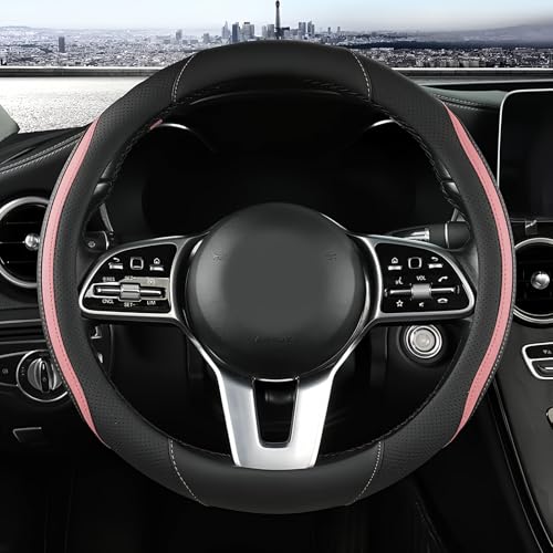 szttswamp Car Steering Wheel Cover, Leather Steering Wheel Cover Pink Universal 14.5-15 Inch Microfiber Leather Anti-Slip Breathable Auto Steering Wheel Covers for Men Women (Black&Pink) - Image 1