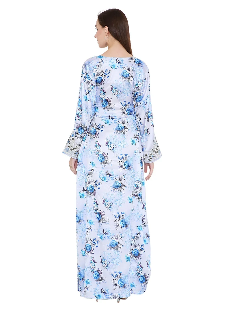 HANA & SARA VIBRANT COLOUR HAND BEADED FARASHA  UNIQUE FLORAL PRINTED ARABIC  JALABIYA DRESS