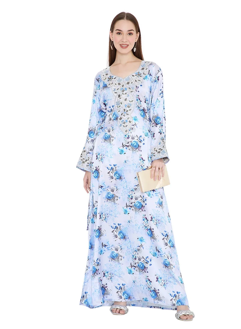 HANA & SARA VIBRANT COLOUR HAND BEADED FARASHA  UNIQUE FLORAL PRINTED ARABIC  JALABIYA DRESS