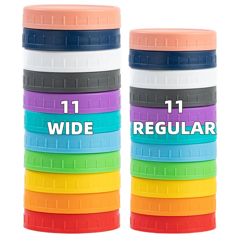 Bedgeta 22 Pack Plastic Mason Jar Lids, 11 Wide Mouth & 11 Regular Mouth with Silicone Rings,Thickened Leak-proof Lids Fit Ball,Kerr and More, 86mm & 70mm(Multicolored) - Image 1
