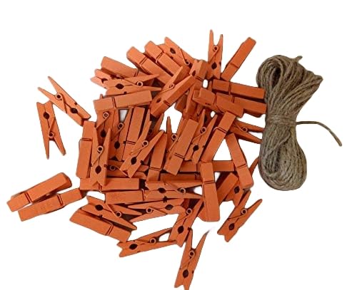 DurReus 50 Pieces DIY Mini Color Wooden Clothespins Home Decoration Hanging Craft Clips Photo Holder Paper Peg Jute Twine Clothing Line Orange