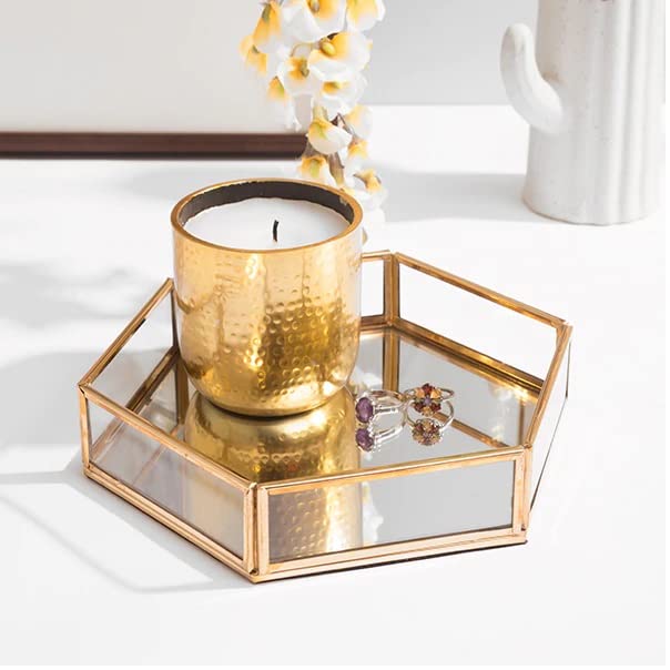 ARTINCO Vintage Glass & Brass Jewelry Tray for Home Table Decoration, Makeup Organizer, Vanity Tray, Brass Gold 8x9x1.5 Inches - Image 1