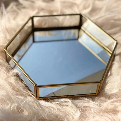 ARTINCO Vintage Glass & Brass Jewelry Tray for Home Table Decoration, Makeup Organizer, Vanity Tray, Brass Gold 8x9x1.5 Inches - Image 3
