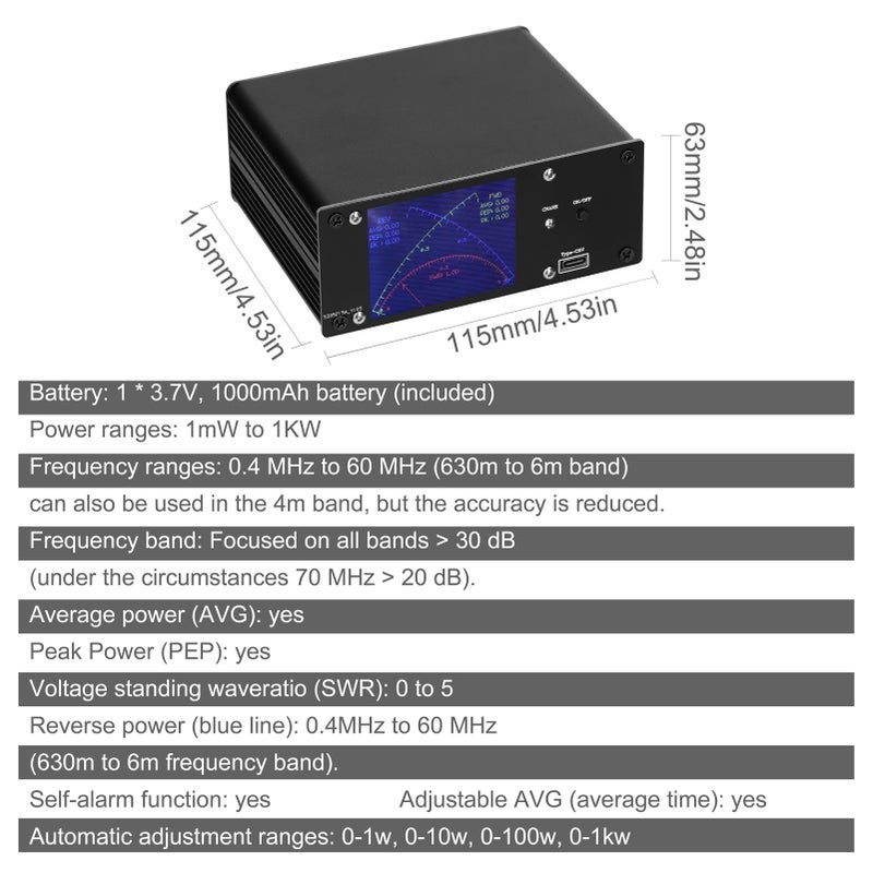 0.4MHz-60MHz 0.1mW-1KW Standing Wavemeter 2.4inch TFT Touching Display SWR PWR Short Waves Meters Power Watt Meter - Image 5