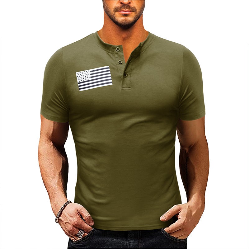 and Men''s Casual Button Short-sleeved Henry Shirt Outdoor Sports T-shirt Men''s Military Tactical Shirt - Image 1