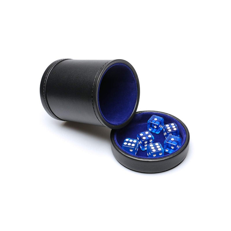 RERIVER PU Leather Dice Cup with Lid Blue Velvet Interior Quiet Dice Shaker Cup Including 6 BlueTranslucent Dice for LiarsFarkleYahtzee Games 1 Pack - Image 3