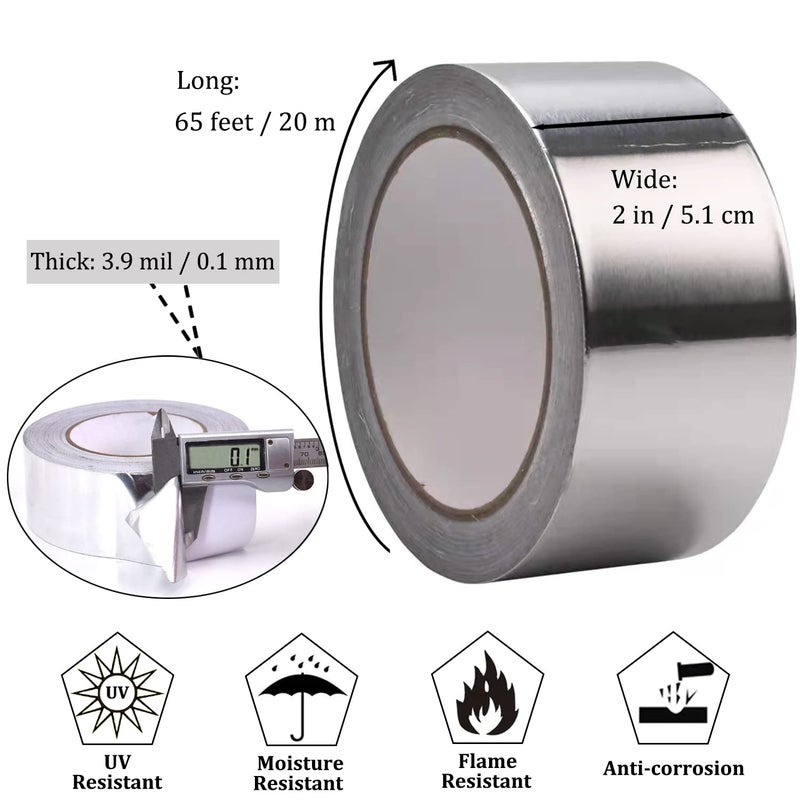 SmaringWing 2PCS Premium Aluminum Foil Tape, Silver Metal Duct Tapes (2" x65Feet,3.9mil) with Adhesive Backing, High Temperature Heavy Duty Insulation Tape for Air Ductwork, Dryer Vents, HVAC, Sealing & Patching - Image 2