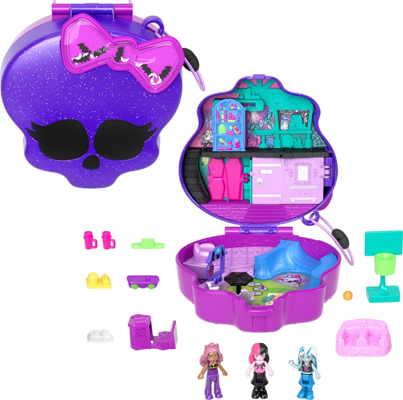 Polly Pocket مجموعة ألعاب بولي بوكيت مونستر هاي مع 3 دمى ميكرو و 10 ملحقات، تفتح على مدرسة ثانوية، لعبة سفر قابلة للجمع مع تخزين - Image 1