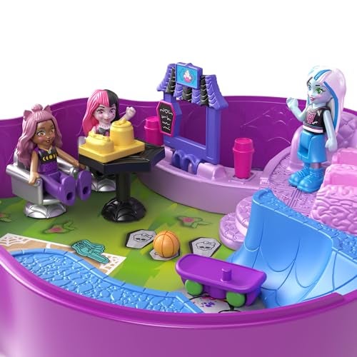 Polly Pocket مجموعة ألعاب بولي بوكيت مونستر هاي مع 3 دمى ميكرو و 10 ملحقات، تفتح على مدرسة ثانوية، لعبة سفر قابلة للجمع مع تخزين - Image 2