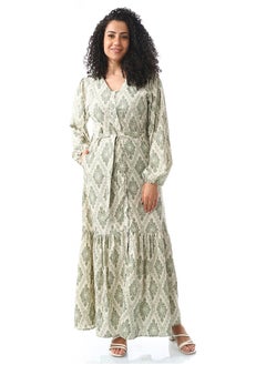 Andora Sage Green & White Long Belted Casual Dress_Sage Green & White  - Image 1