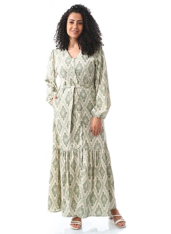 Andora Sage Green & White Long Belted Casual Dress_Sage Green & White - Image 1