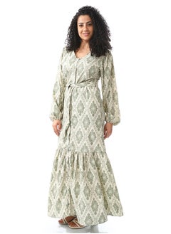Andora Sage Green & White Long Belted Casual Dress_Sage Green & White  - Image 2