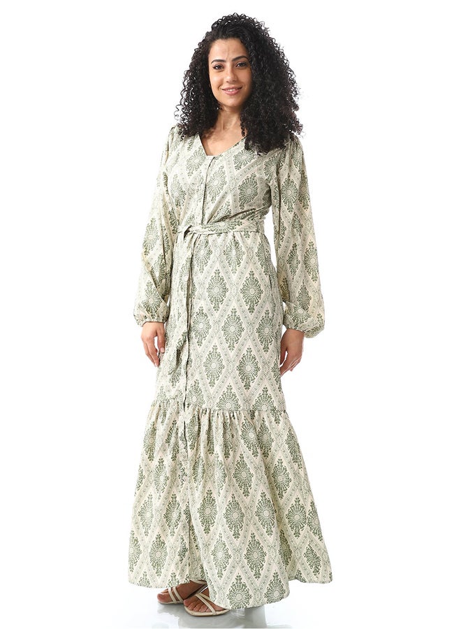 Andora Sage Green & White Long Belted Casual Dress_Sage Green & White - Image 2