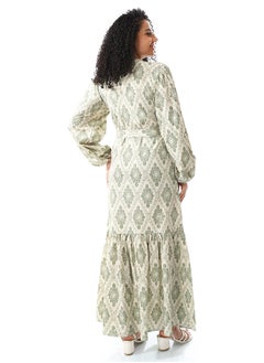 Andora Sage Green & White Long Belted Casual Dress_Sage Green & White  - Image 5