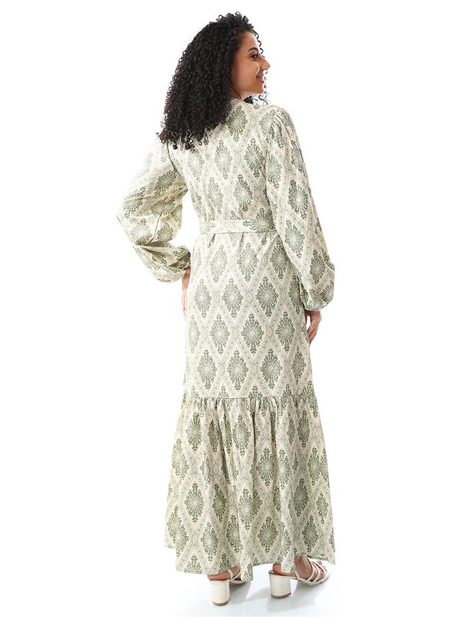 Andora Sage Green & White Long Belted Casual Dress_Sage Green & White - Image 5