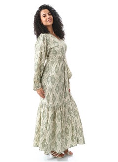 Andora Sage Green & White Long Belted Casual Dress_Sage Green & White  - Image 4