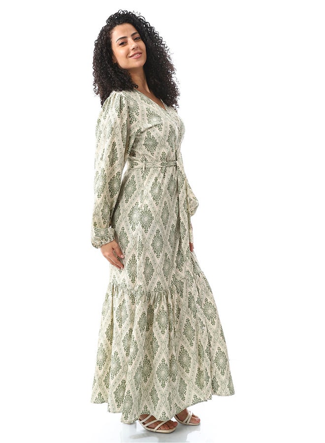 Andora Sage Green & White Long Belted Casual Dress_Sage Green & White - Image 4